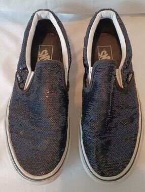 Vans Classic Slip-On Micro Sequin Skateboard Sneakers in Sparkly Black
